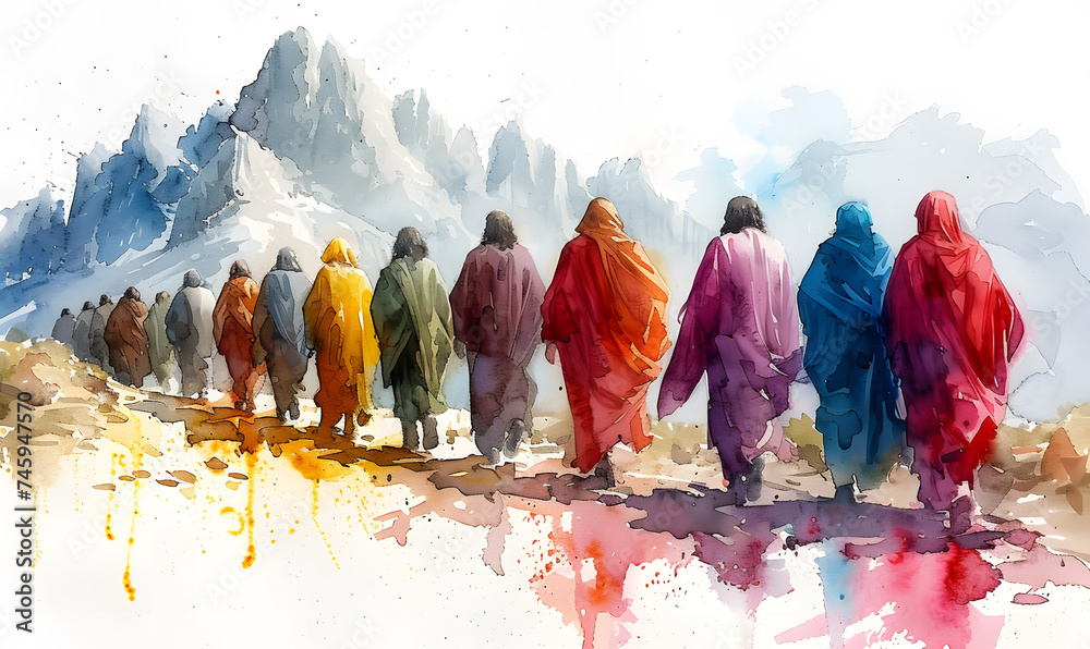 Colorful figures walking in a line in a watercolor painting. Artistic representation and abstract people concept, The twelve chosen, disciples. Biblical. Christian religious - obrazy, fototapety, plakaty 