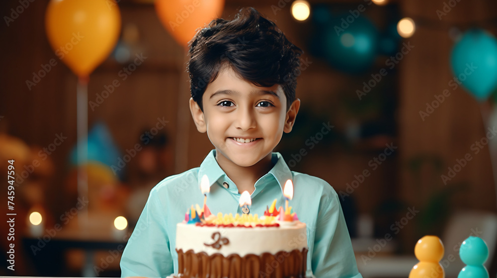 Cute Indian little boy child celebrating birthday.