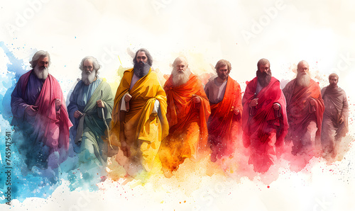 Colorful figures walking in a line in a watercolor painting. Artistic representation and abstract people concept, The twelve chosen, disciples. Biblical. Christian religious