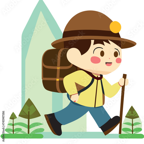 man go hiking in forest white background front  vector illustration kawaii