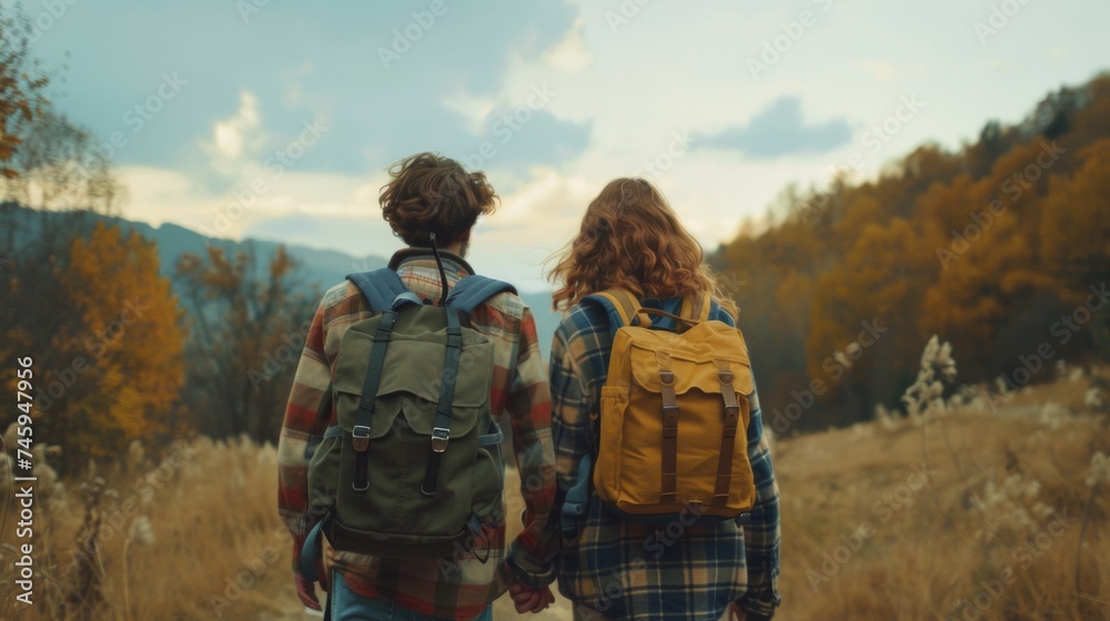 Young couple rucking with backpack hiking in the forest