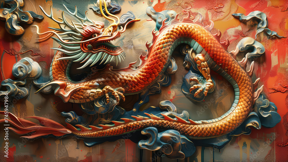Obraz premium 3D illustration of chinese dragon wall.