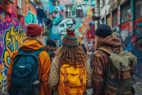 A diverse group of friends exploring an alley adorned with vibrant urban graffiti art