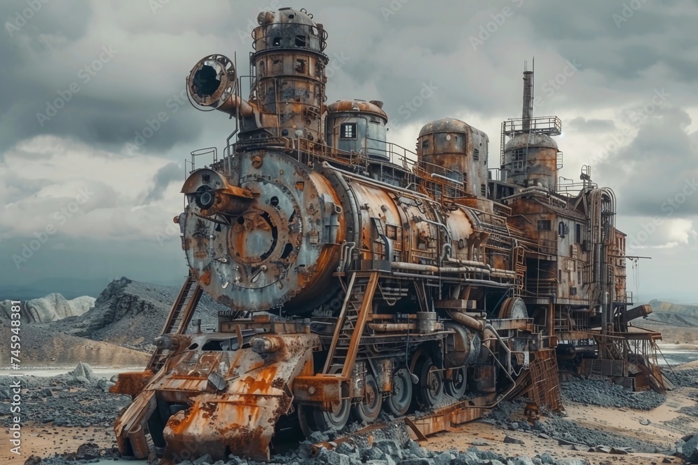 Steampunk apocalypse. Rebuilding with steam technology, rusted metal structures, steam engines against dystopian landscape. Environment and Science Fiction. AI Generated Steampunk apocalypse. Rebuilding with steam technology, rusted metal structures, steam engines against dystopian landscape. Environment and Science Fiction. AI Generated