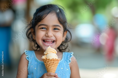 Girl with a bright smile holds an ice cream cone against a bokeh light background