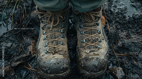 Close up of dirty hiking man's boots