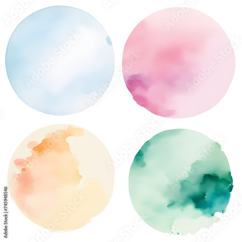 Blue, green, purple, gray and red abstract and subtle watercolor splash in round circle on transparent background