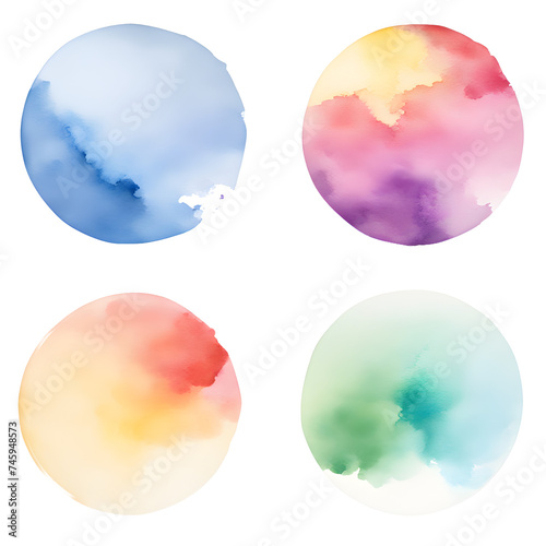 Blue, green, purple, gray and red abstract and subtle watercolor splash in round circle on transparent background