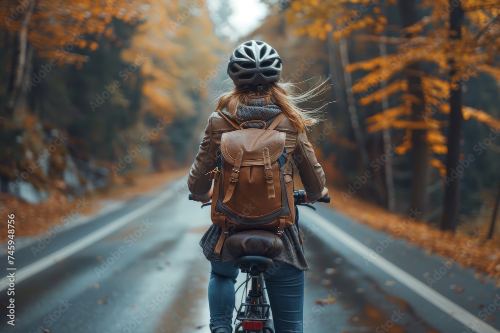 A solitary cyclist seen from behind, adventuring through a striking autumn forest with colorful foliage A solitary cyclist seen from behind, adventuring through a striking autumn forest with colorful foliage