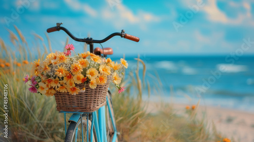 An old bicycle with a basket with yellow flowers in it