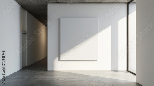 The interior of a white gallery with a blank poster on the wall with light from the window shining on it