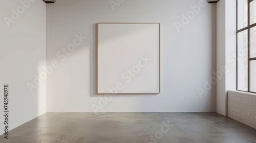 White gallery interior with empty poster on wall. Mock up