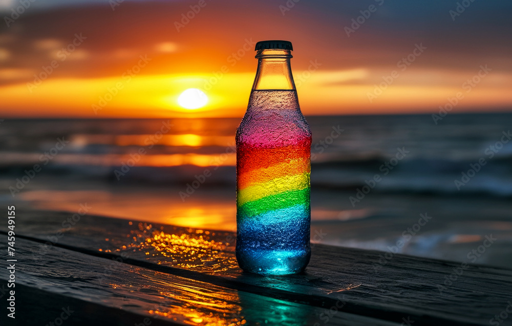 immagine primo piano di bottiglia con liquido multicolore su tavolo, sfondo con tramonto marino immagine primo piano di bottiglia con liquido multicolore su tavolo, sfondo con tramonto marino