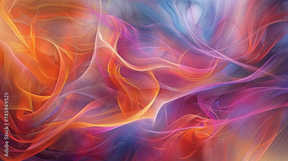 This abstract image bursts with vibrant swirls, intertwining in a warm color spectrum of oranges, reds, purples, and blues, suggesting both energy and harmony. Vibrant Abstract Swirls in Warm Color S
 - obrazy, fototapety, plakaty 