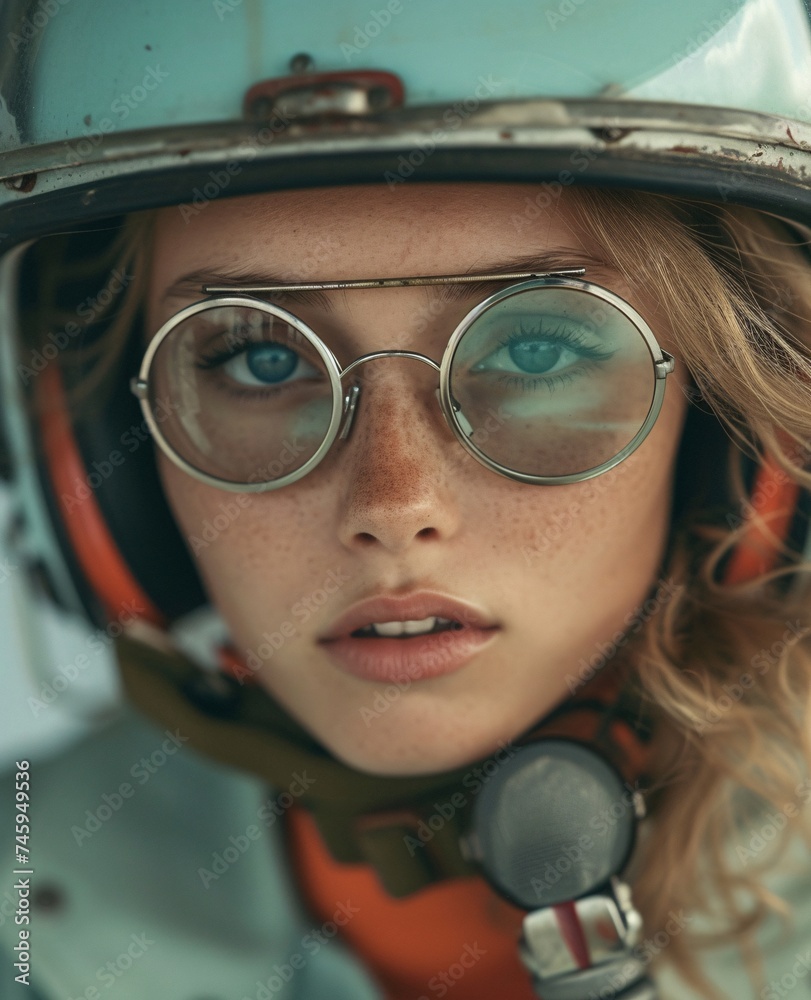 A woman wearing glasses, helmet and scarf gives a soulful look filling the frame with her presence A woman wearing glasses, helmet and scarf gives a soulful look filling the frame with her presence