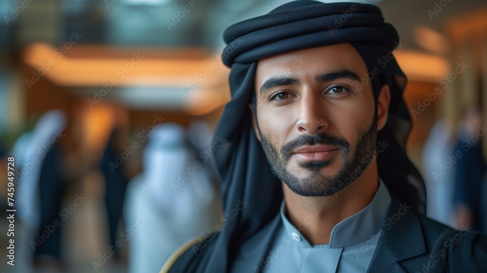 A UAE national in traditional attire working in a professional setting, perfect for Middle Eastern business. A UAE national in traditional attire working in a professional setting, perfect for Middle Eastern business.