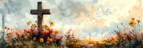 Artistic watercolor painting depicting a rustic wooden cross amidst wildflowers, evoking hope and faith