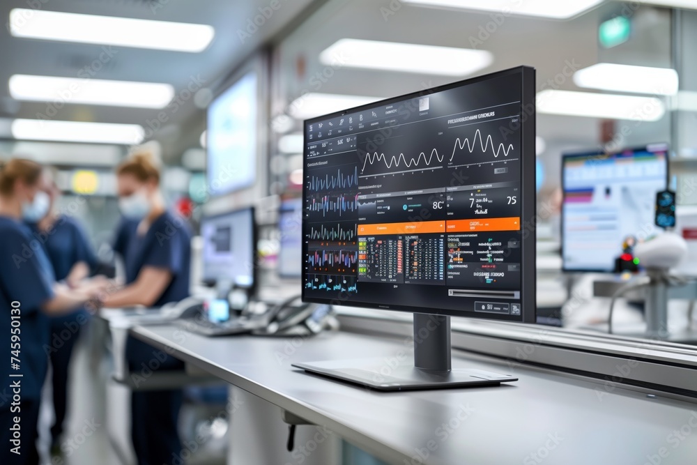 Selective focused at image of a healthcare data analytics workspace with blurred background of professionals at work inside medical room.  - obrazy, fototapety, plakaty 
