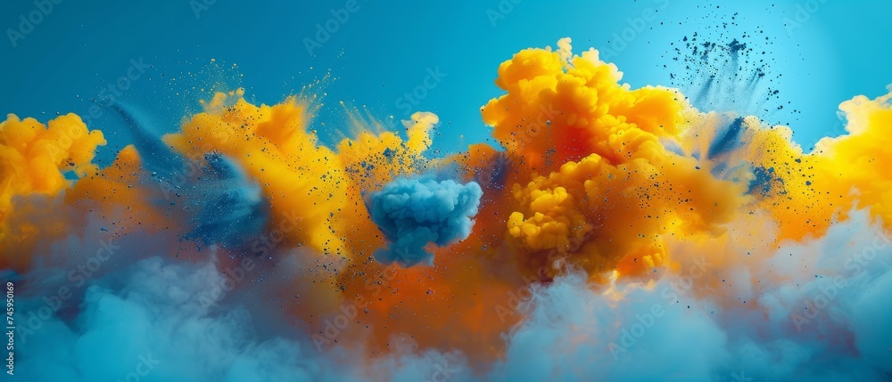 Abstract bright background, a combination of blue and yellow colors during an explosion. Mixing colors in a volumetric explosion of colors.