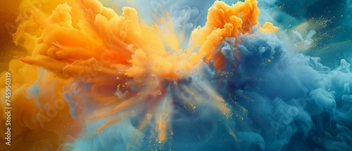 Abstract bright background, a combination of blue and yellow colors during an explosion. Mixing colors in a volumetric explosion of colors.