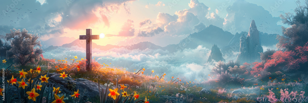 A breathtaking sunset falls behind a cross atop a mountain surrounded by clouds and wildflowers - obrazy, fototapety, plakaty 