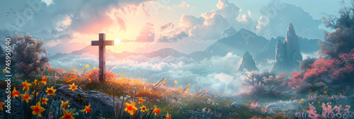 A breathtaking sunset falls behind a cross atop a mountain surrounded by clouds and wildflowers