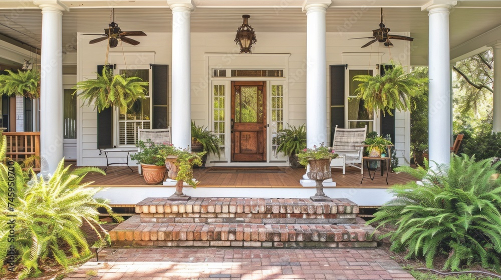 White front door with small square decorative windows and flower pots. White front door with small square decorative windows and flower pots.