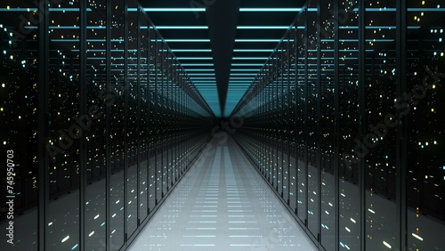 A symmetrical line of electric blue servers in a dark data center
