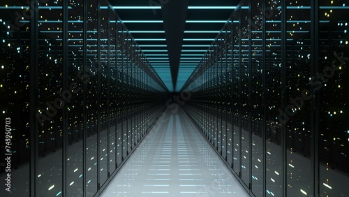 Photography A symmetrical line of electric blue servers in a dark data center
