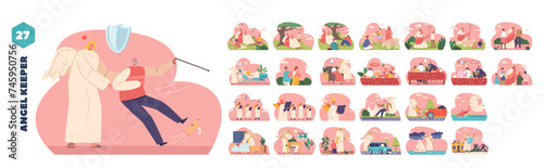 Isolated Vector Elements with Angel Keeper, Jesus Christ, Children and Adult People in Living and Religious Scenes