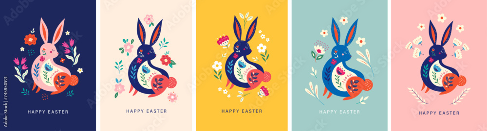 Colorful vector collection with easter rabbits. Happy easter greeting cards with decorative easter bunny	 - obrazy, fototapety, plakaty 