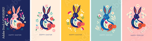 Colorful vector collection with easter rabbits. Happy easter greeting cards with decorative easter bunny	