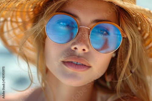 A stylish woman wearing a sunhat and sunglasses reflecting the blue sky at a sunny beach location photo