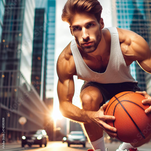 Handsome young basketball player in sportswear posing with ball on the street.