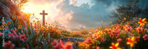 A simple wooden cross stands amid a sea of colorful wildflowers with a divine sunset backdrop