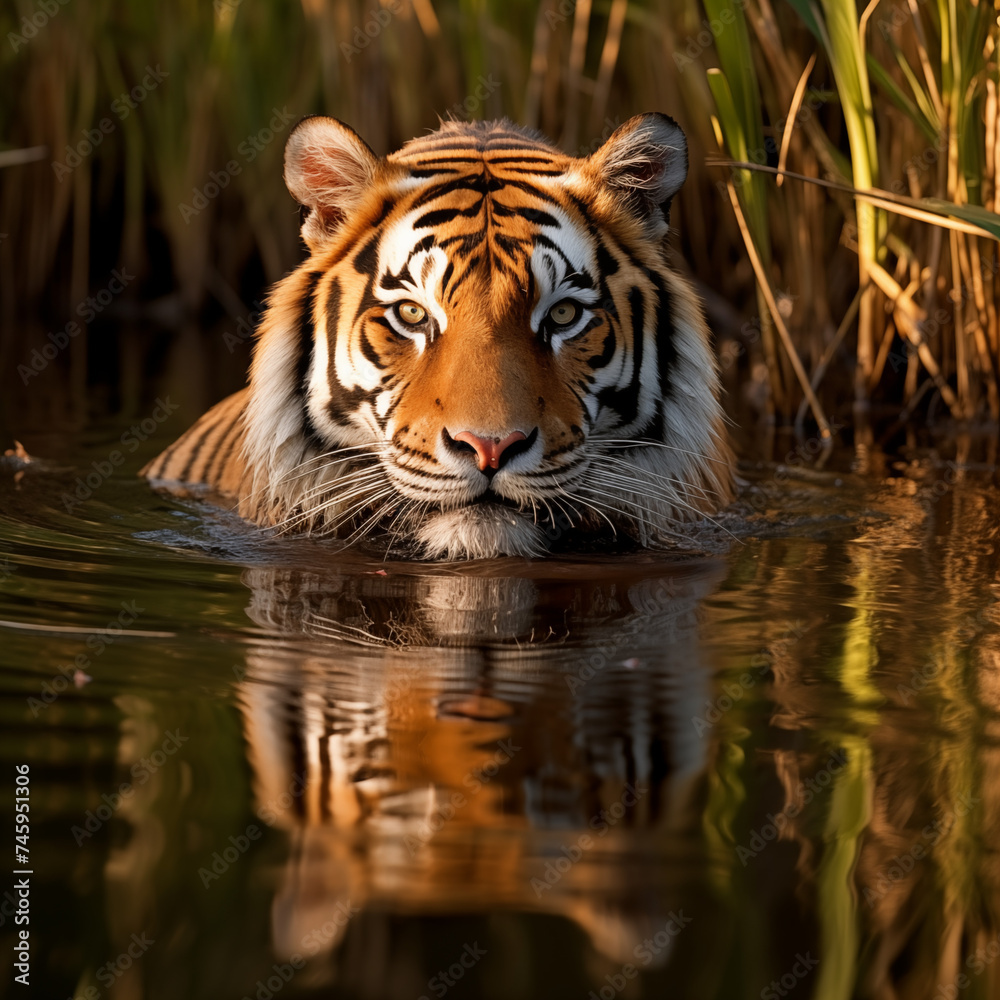 Fototapeta premium A Tiger's Unexpected Dip: A Captivating Portrait of a Tiger in Water | World Wildlife Day