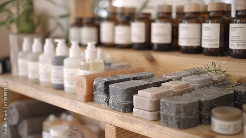 Variety of handcrafted soap bars and skincare bottles neatly arranged on wooden shelves, symbolizing an organic and healthy lifestyle. © saichon