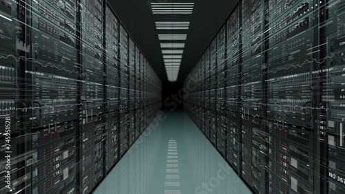 Symmetrical rows of metal servers line a long dark hallway in a data center