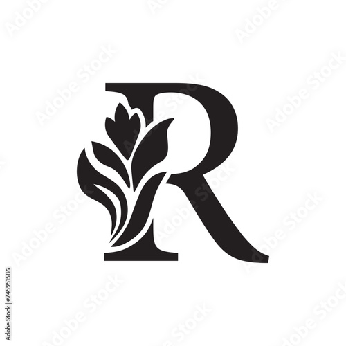 letter R. Black flower alphabet. Beautiful capital letters 