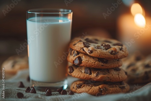 Close-up of home-baked chocolate chip cookies and a refreshing glass of milk, evoking home comfort and sweet indulgence
