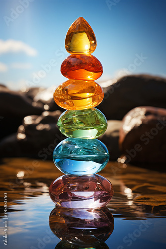 Chakra Balancing Art: Visual representations of balanced chakras. Colorful crystals symbolizing human chacras. photo