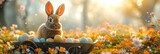 A rabbit stands guard over a treasure trove of Easter eggs resting in a wooden cart surrounded by a field of wildflowers