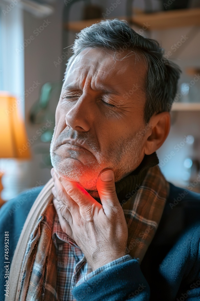 A man with severe sore throat expressing obvious discomfort and pain. A man with closed eyes denotes the uncomfortable and distressing sensation of a sore throat. - obrazy, fototapety, plakaty 