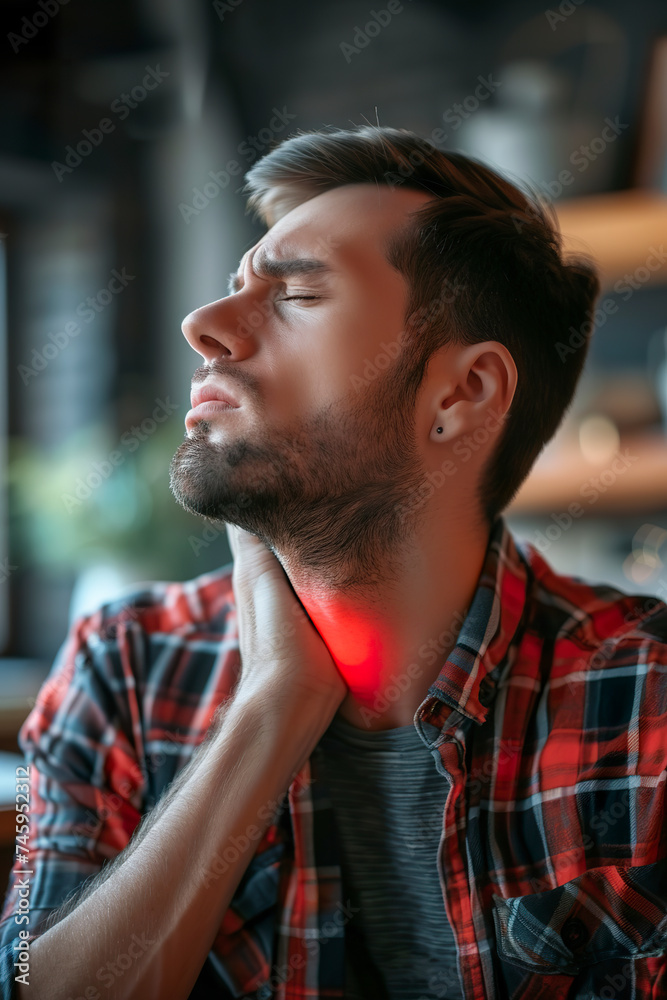 Naklejka premium A man with severe sore throat expressing obvious discomfort and pain. A man with closed eyes denotes the uncomfortable and distressing sensation of a sore throat.