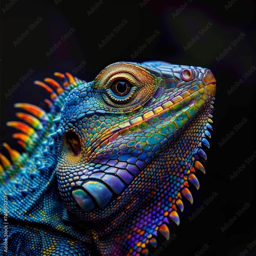 Fototapeta premium Portrait of a bright lizard on a black background.