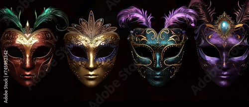 Masquerade masks on a black background, Beautiful bright women's masks.