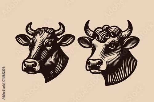Cow and bulls head. Old vintage engraving illustration. Hand drawn outline graphic. Logo, emblem, icon. Isolated object, cut out. black and white