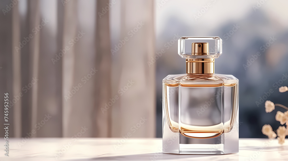 Perfume transparent bottle on pastel background, perfume display Perfume transparent bottle on pastel background, perfume display