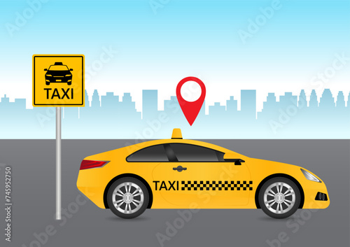 Fototapeta Naklejka Na Ścianę i Meble -  Taxi Car. Taxi in the City. Vector Illustration. 
