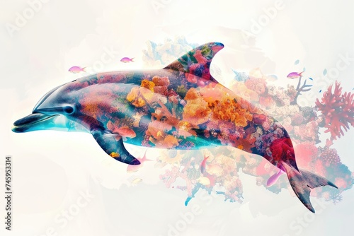 A graceful dolphin merged with the vibrant colors of a coral reef in a double exposure